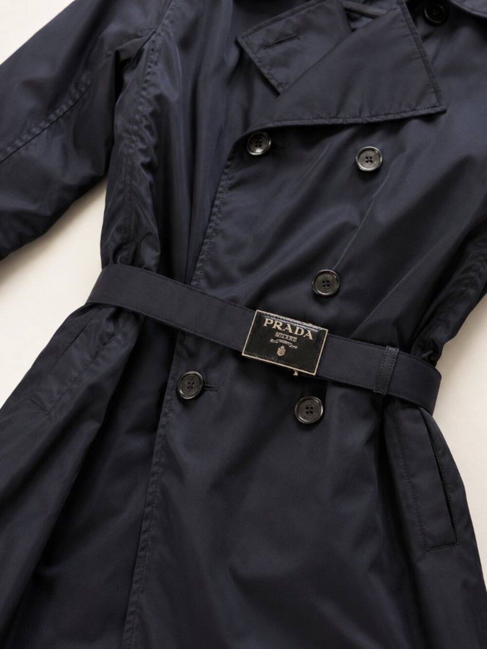 Prada Black Double-Breasted Nylon Trench Coat with Logo Belt - Picture 3 of 6